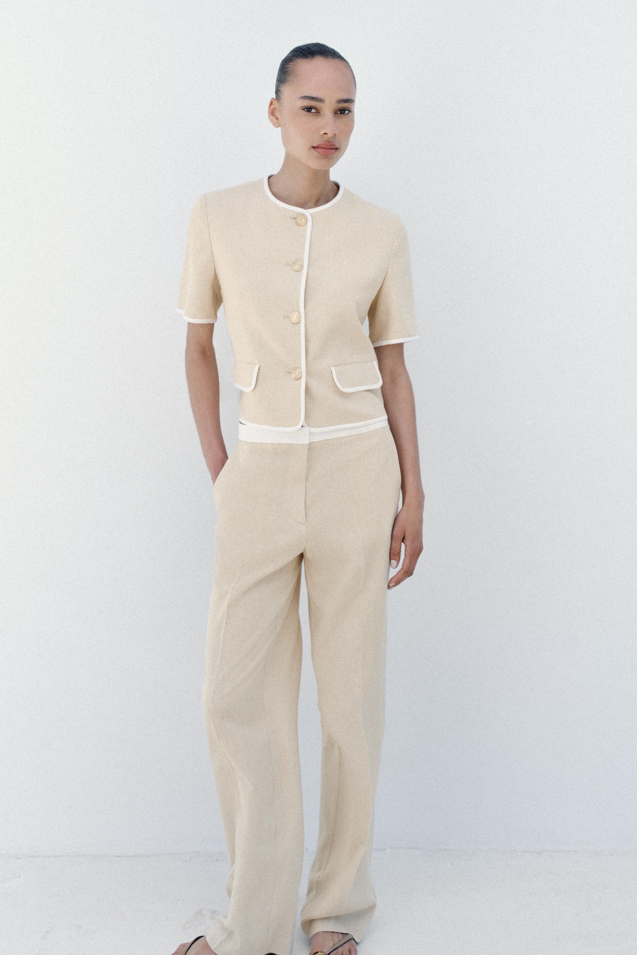 STRAIGHT LEG LINEN PANTS WITH CONTRAST WAIST